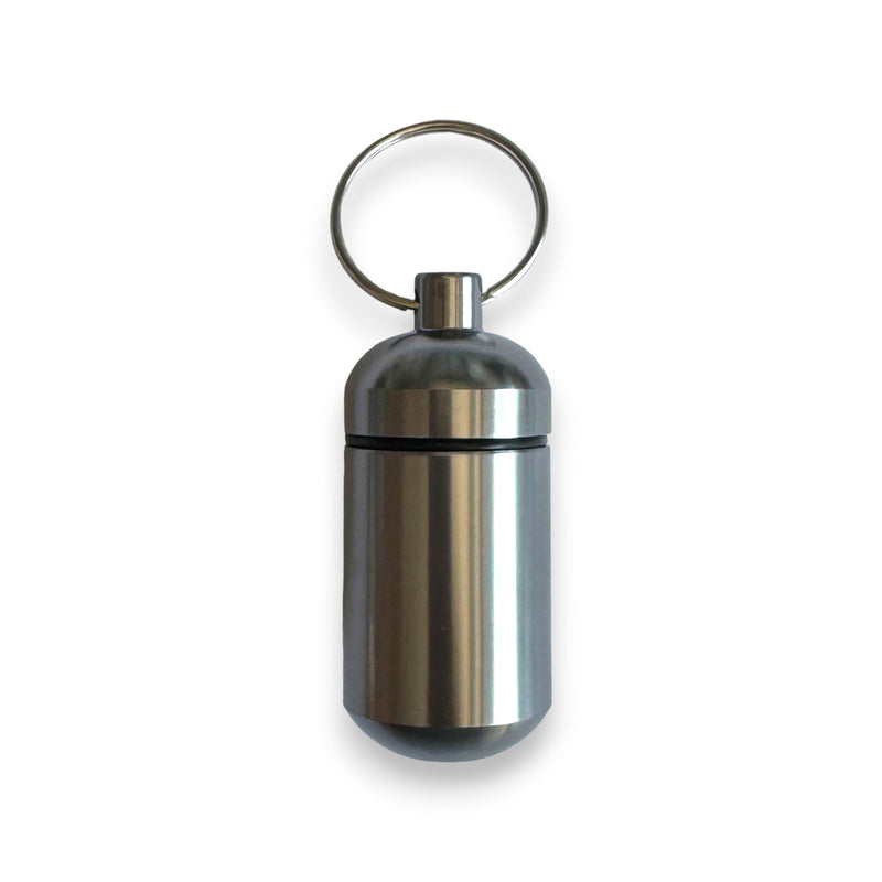 Pill box key ring with screw cap with plenty of storage space in many colors to choose from