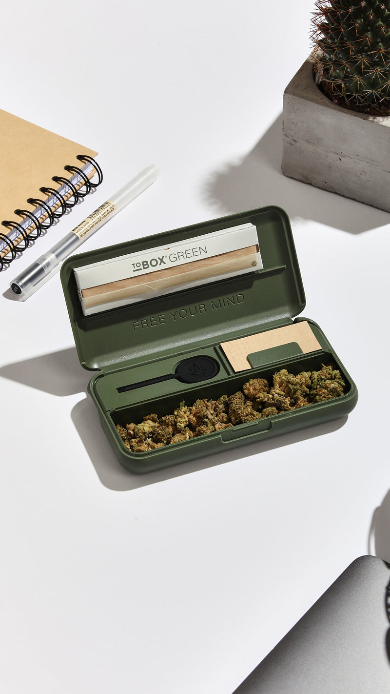 ToBOX GREEN Tabak Box Dose Rollbox Drehertasche Tout en Un Roulant & Broyeur