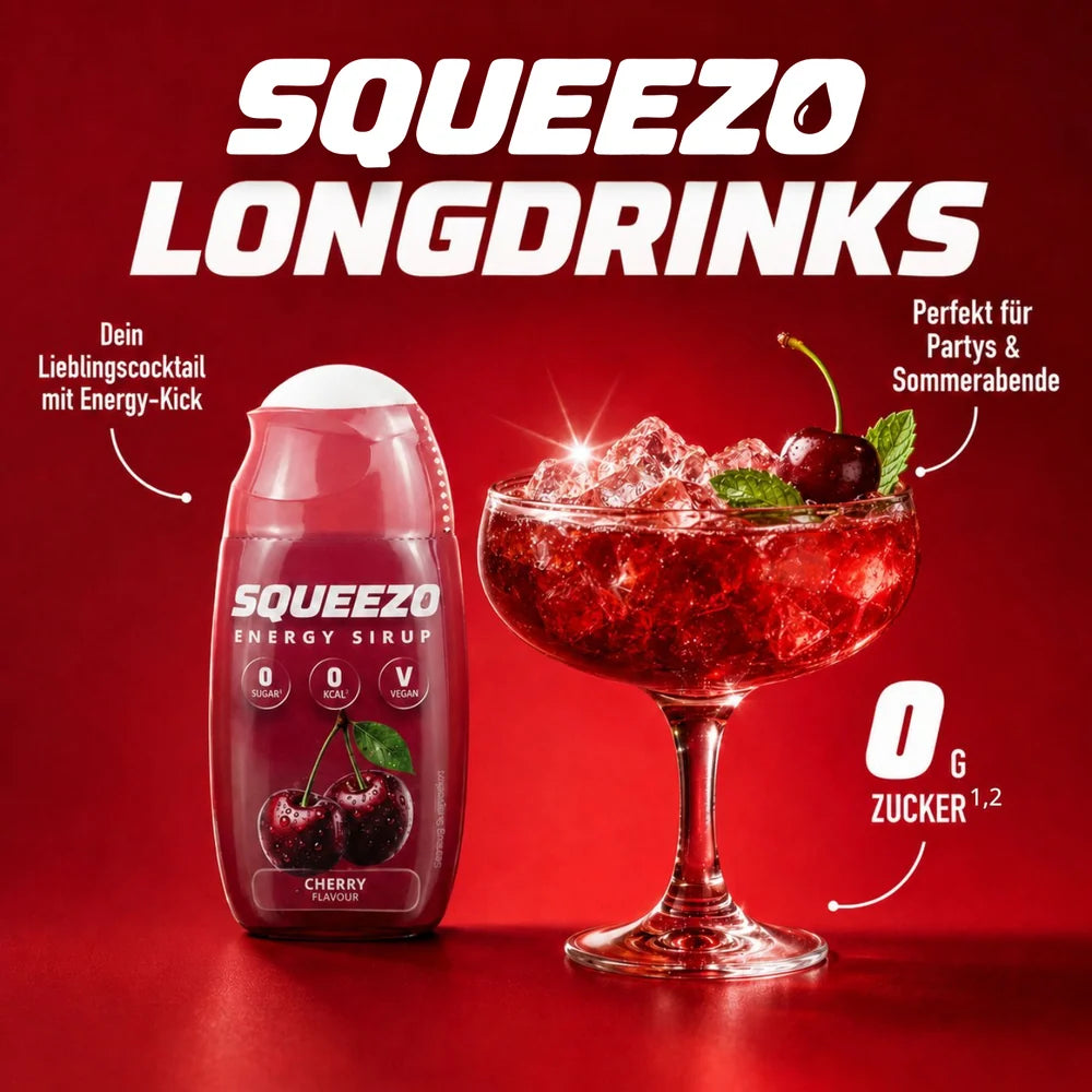 SQUEEZO Cherry neben einem roten Longdrink mit Eis, Kirsche und Minze; darüber steht „SQUEEZO Longdrinks“.