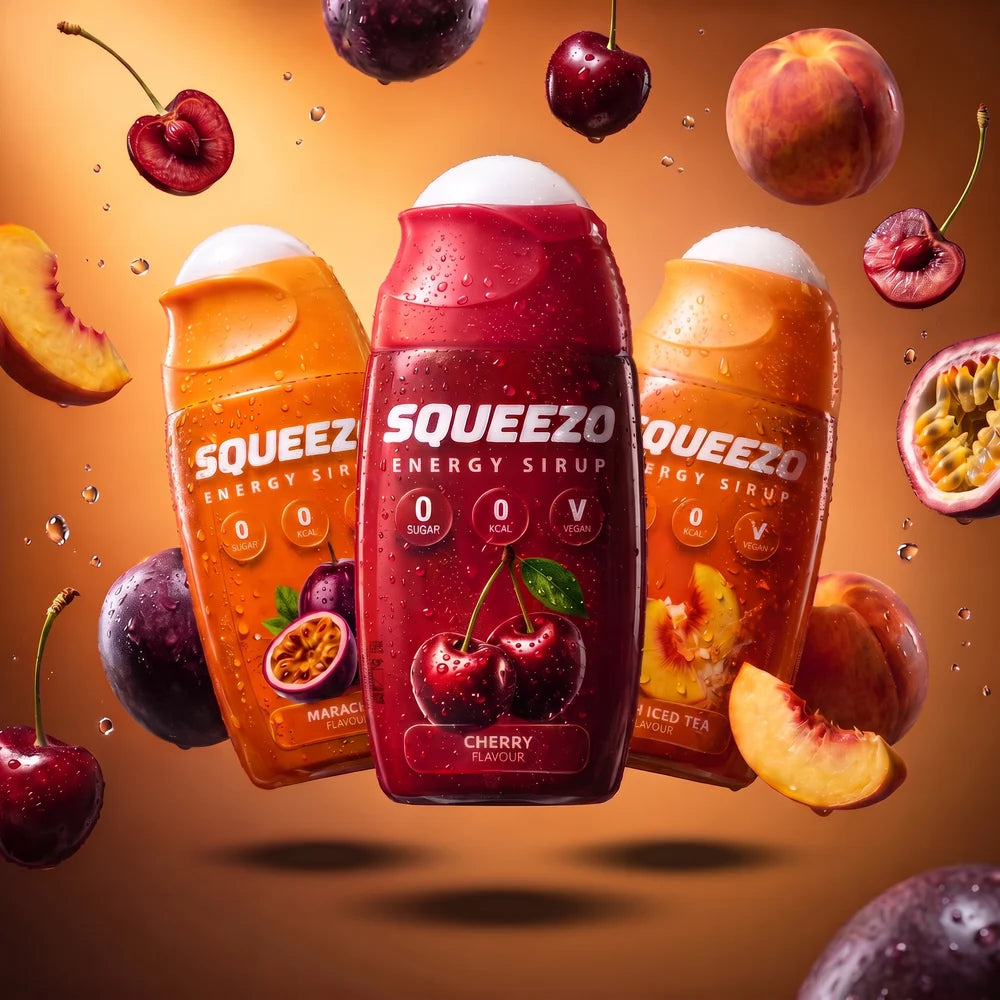 Drei SQUEEZO-Energy-Sirup-Flaschen in Cherry, Maracuja und Peach Iced Tea, umgeben von passenden Früchten.