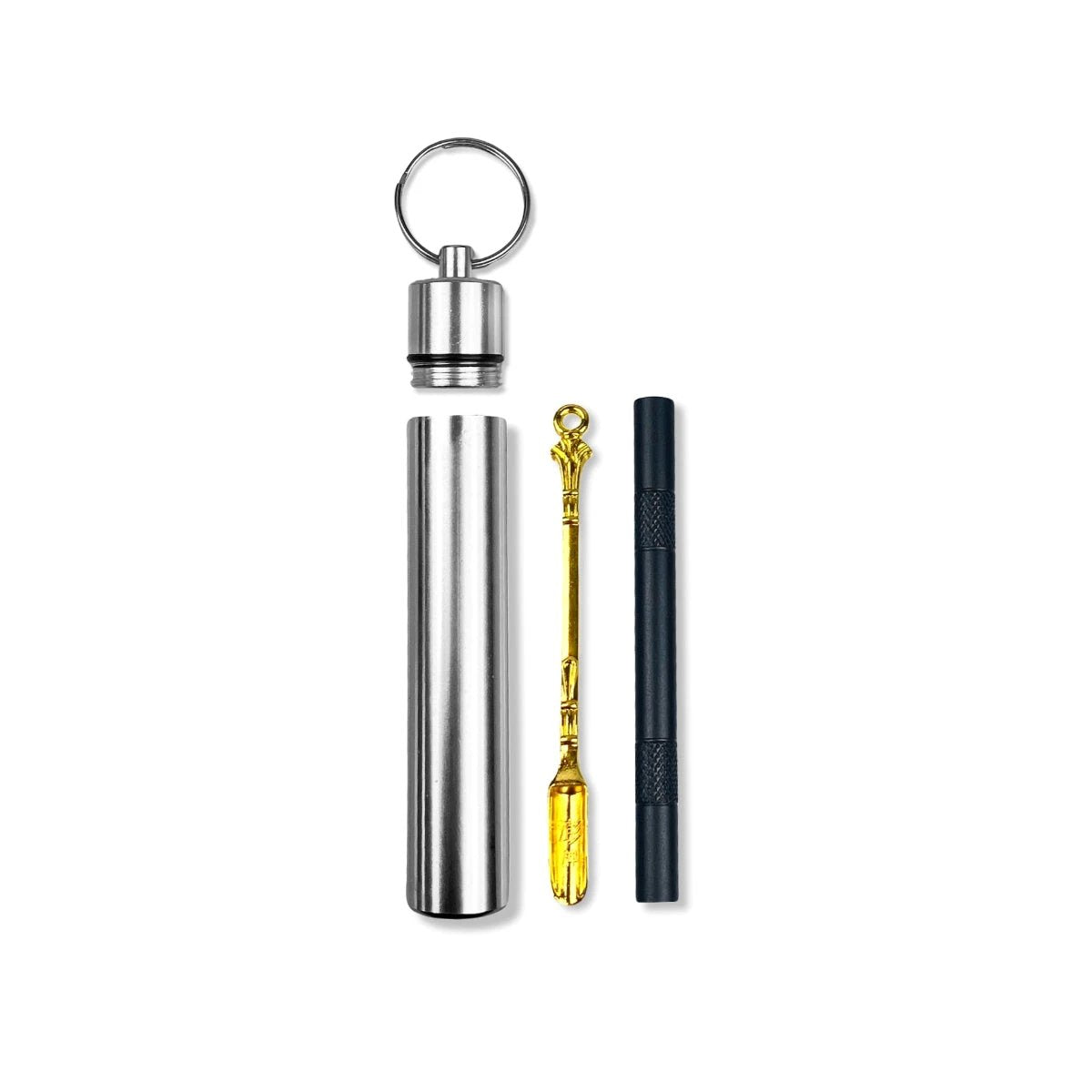 XL Aluminium-Pillenbox mit Schlüsselanhänger – Silber, inkl. Schwarzem Matt-Röhrchen & Goldenem Löffel V6 -  from DieBallerei