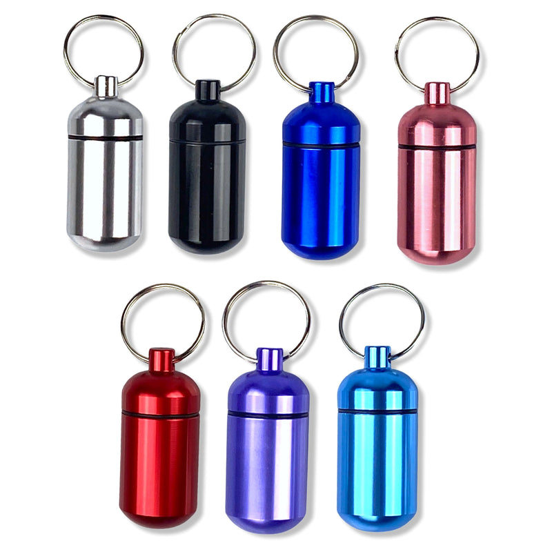 Pill box key ring with screw cap with plenty of storage space in many colors to choose from