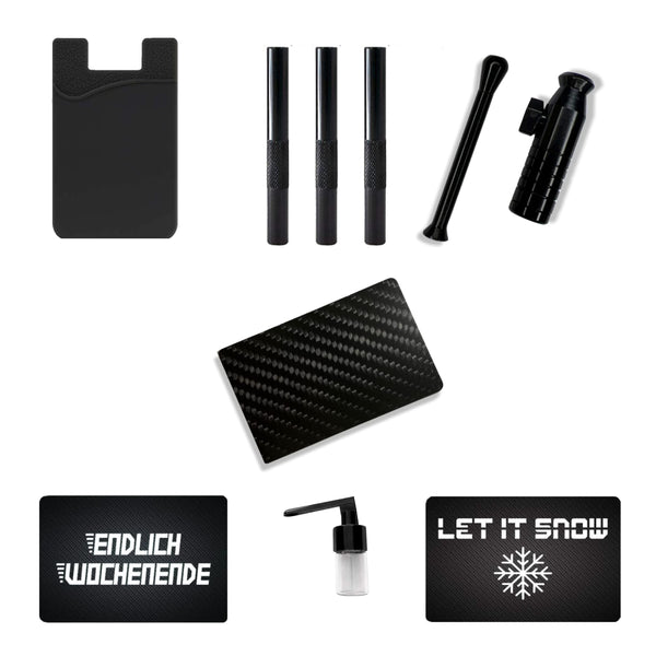 Set Baller avec 4 tubes à dessin, carte carbone, 2 cartes aspect carbone, distributeur en aluminium et boîte de rangement avec cuillère - porte-carte supplémentaire pour votre téléphone portable