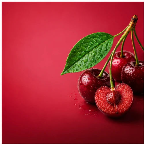 Rote Kirschen am Stiel und eine halbierte Kirsche mit grünem Blatt und Wassertropfen vor rotem Hintergrund.