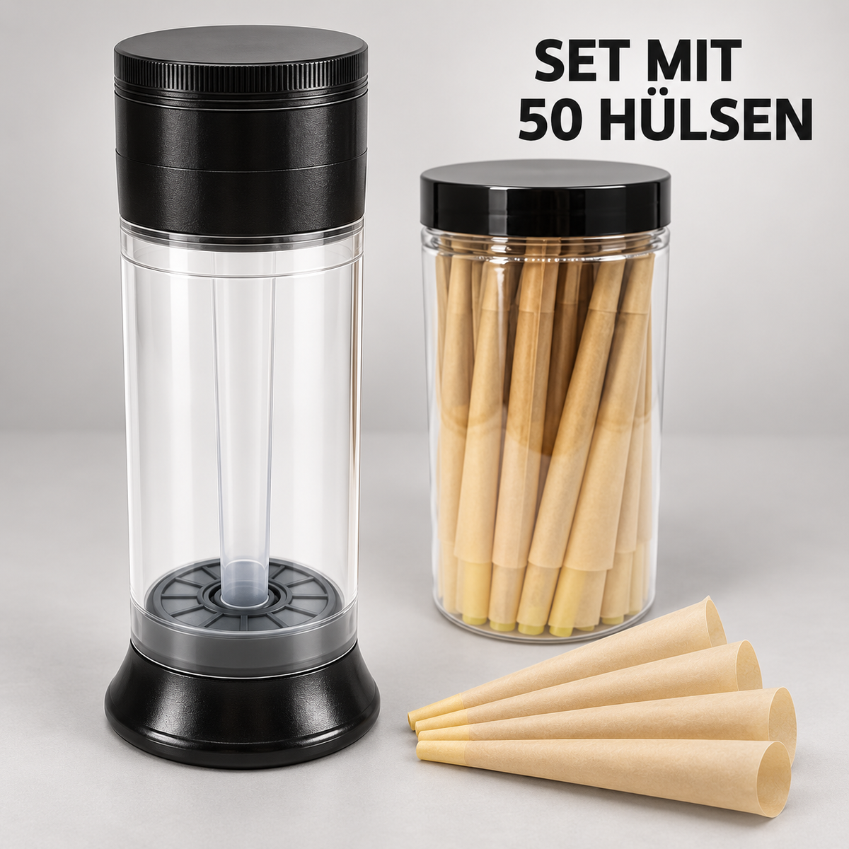 Aufbau des Cone Fillers mit Grinder, Trichter, Hülsenhalter und Aufbewahrungsfach