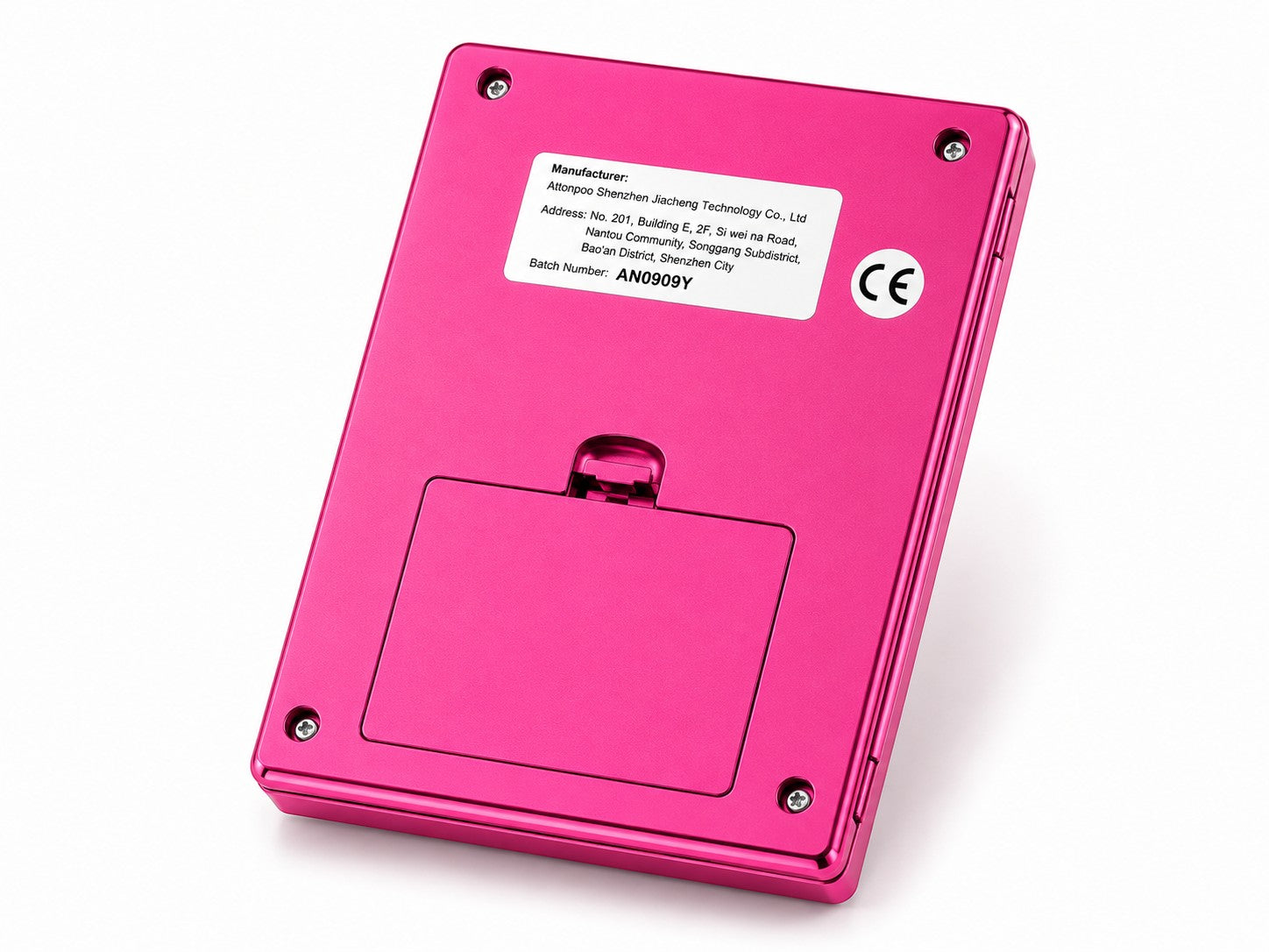 DieBallerei digitale Taschenwaage in Pink, Rückseite mit Batteriefach und Herstellerinformationen auf weißem Grund