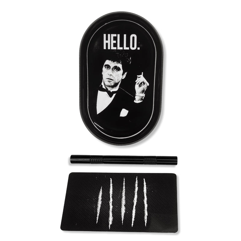 SET HELLO Scarface 1x Metall (Blech) Brettchen inkl. Ziehröhrchen und Lines Karte/Hackkarte