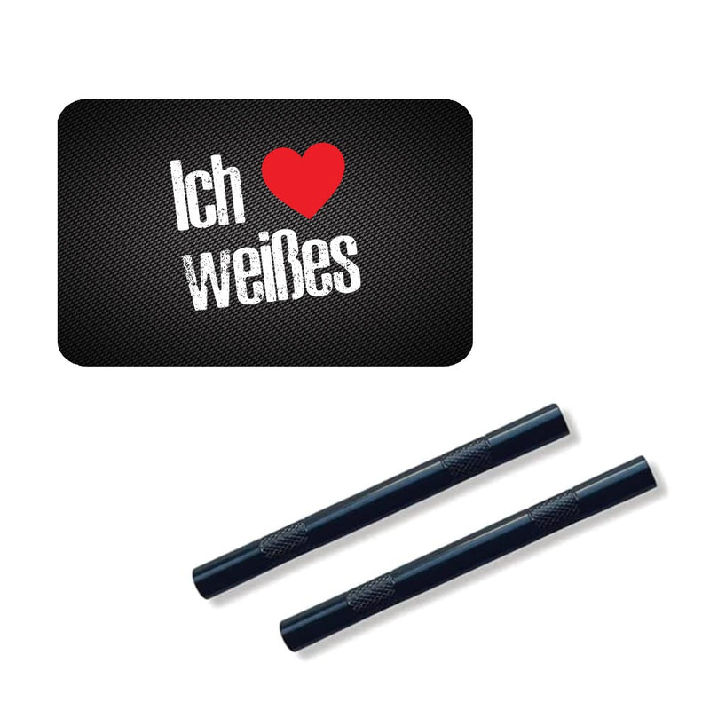 2 tubes en aluminium noir/nervuré (80 mm) et hack card « I love white » pour tabac à priser