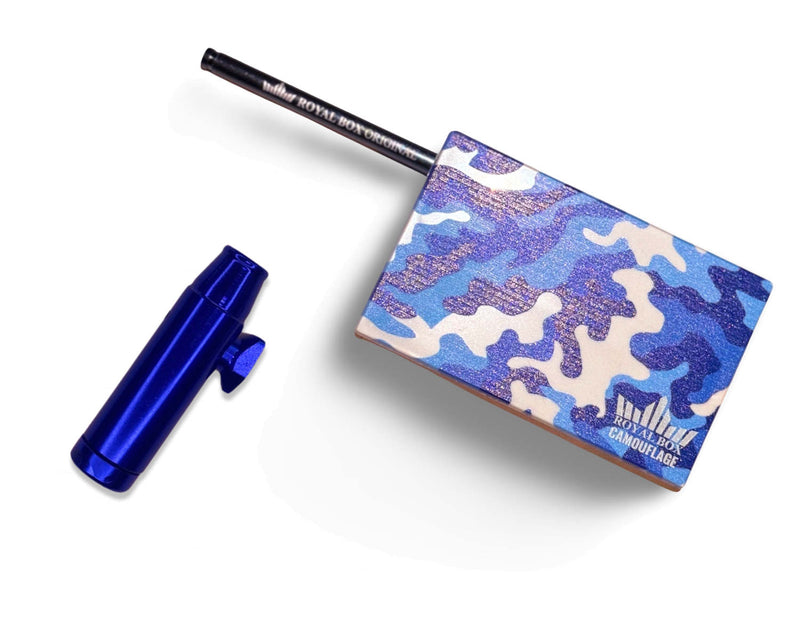 Royal box including integrated tube for snuff on the go + dispenser in blue camouflage blue