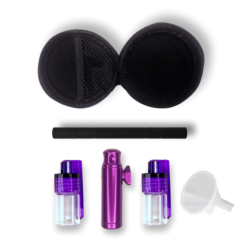 SET Lila Röhrchen, 2x Spender mit Löffel, Dosierer, Trichter Sniff Snuff Sniffer Schnupf Spender Dispenser in Soft Case Schwarz - Lila