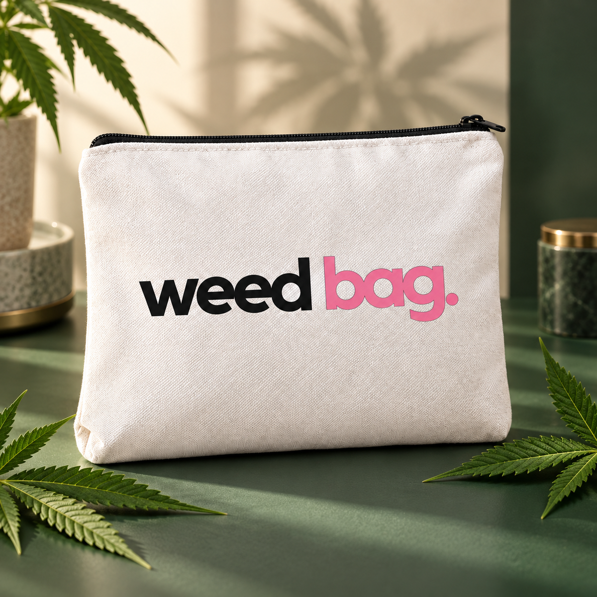 Weiße Weed Bag Canvas-Tasche mit dekorativen Cannabisblättern