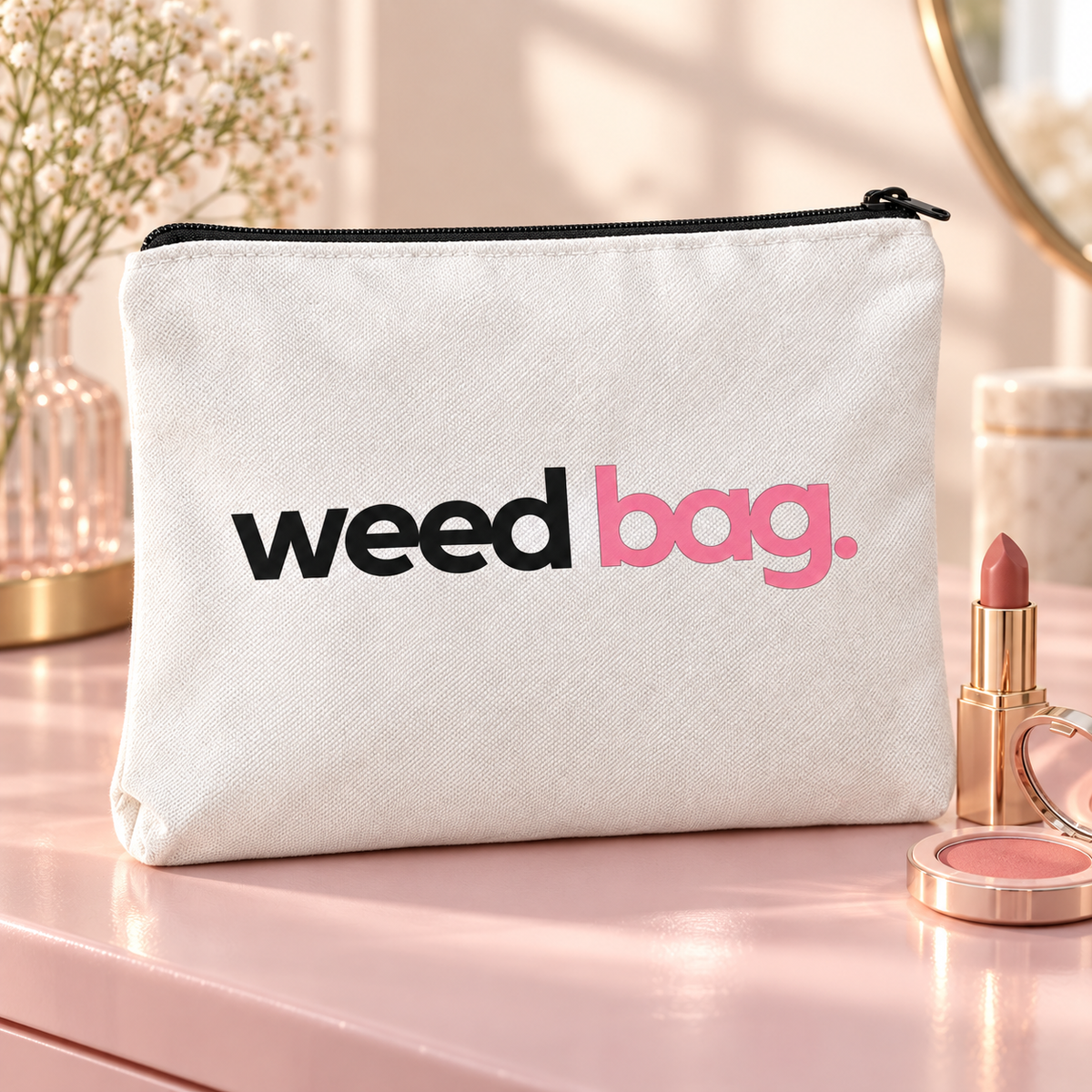 Canvas-Zubehörtasche mit schwarzem und pinkem Weed-Bag-Aufdruck