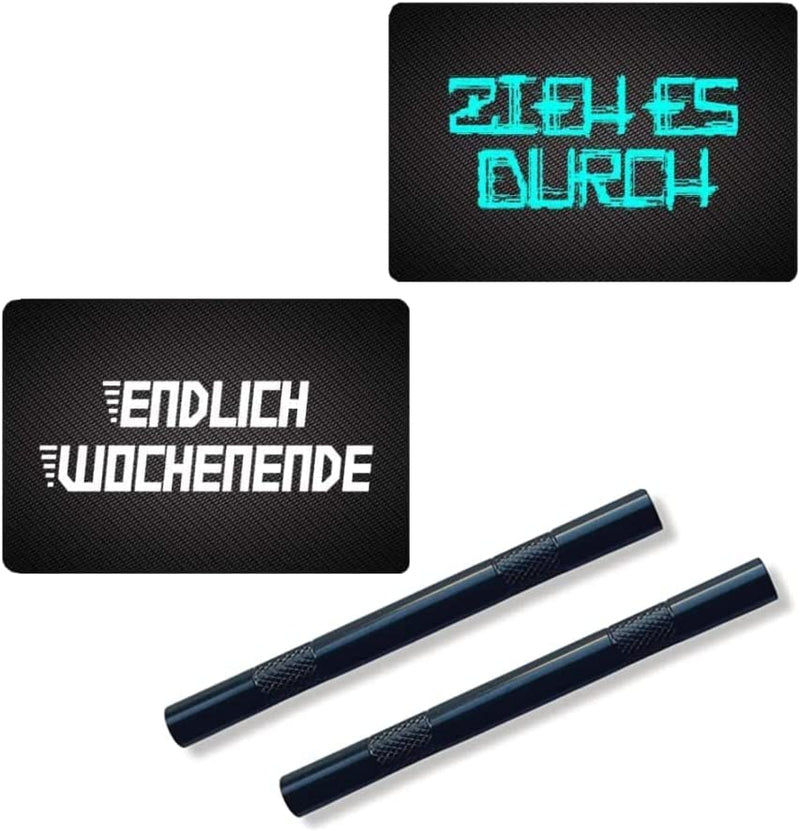 2 aluminum tubes in black/ribbed (80mm) & with "PULL IT THROUGH" & "FINALLY WEEKEND" cards Snuff Snorter Sniffer Snuffer for snuff set for snuff