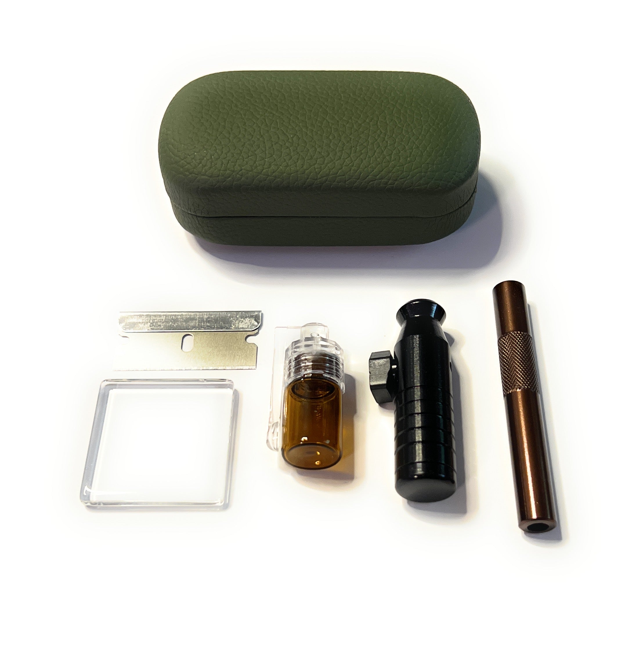 SET distributeur de tabac à priser Sniff Snuff Sniffer vert olive (tube, mini plaque en verre, distributeur avec cuillère, distributeur, lame) dans un étui rigide