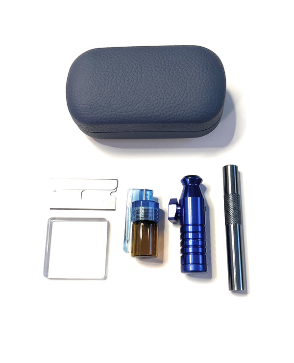 SET Bleu Foncé Sniff Snuff Sniffer Snuff Distributeur Distributeur (tube, mini plaque en verre, distributeur avec cuillère, distributeur, lame) dans un étui rigide