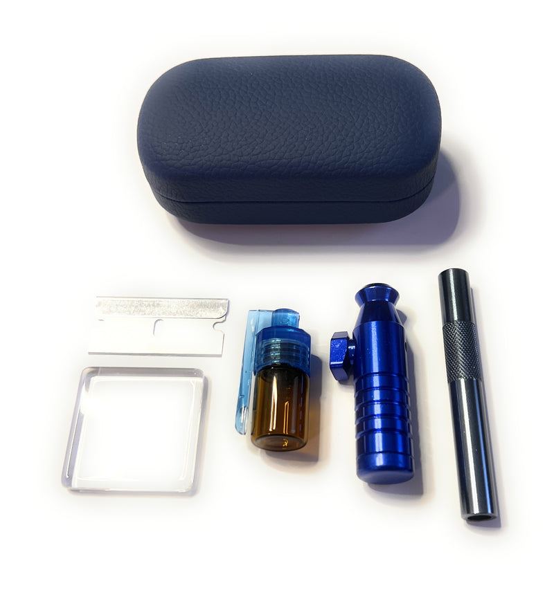 SET Dark Blue Sniff Snuff Sniffer Snuff Dispenser Dispenser (tube, mini glass plate, dispenser with spoon, dispenser, blade) in hard case