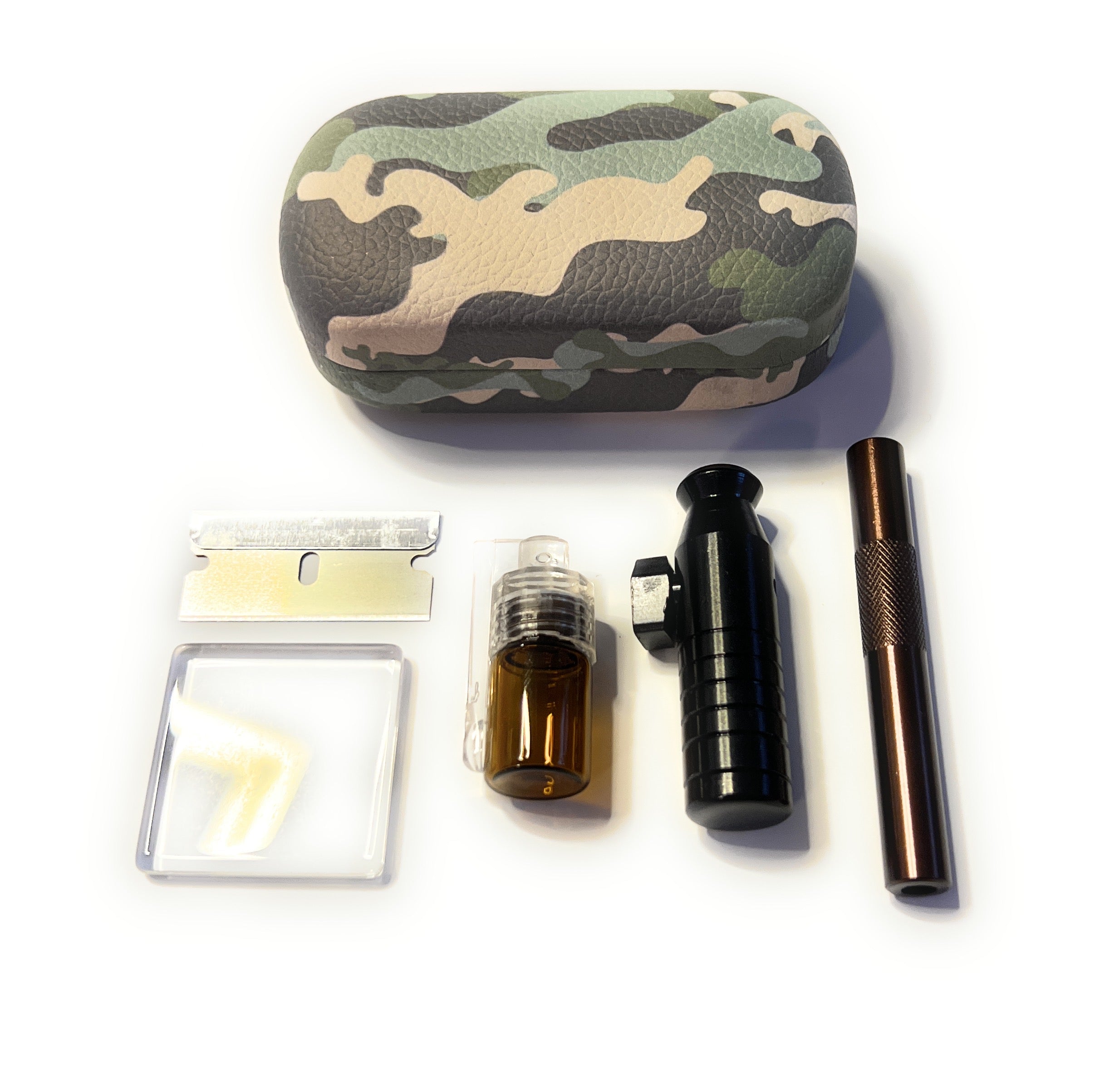 SET Camouflage Sniff Snuff Sniffer Snuff Dispenser Distributeur (tube, mini plaque en verre, distributeur avec cuillère, distributeur, lame) dans un étui rigide