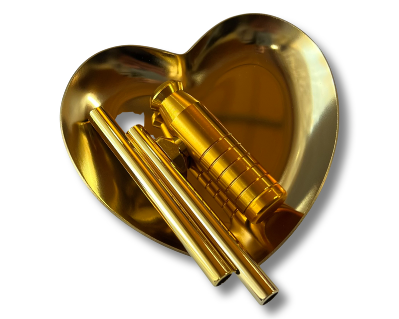 Gold Heart SET 1x planche métallique avec 2 tubes à dessin, distributeur et carte Bloc à dessin en paille Classy Edel Straw Tube Sniff Snuff