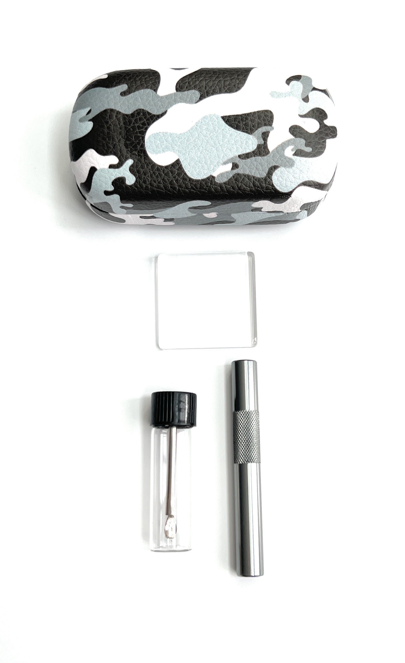 SET camouflage noir/blanc (tube de tirage, mini plaque en verre, distributeur avec cuillère télescopique) en étui rigide