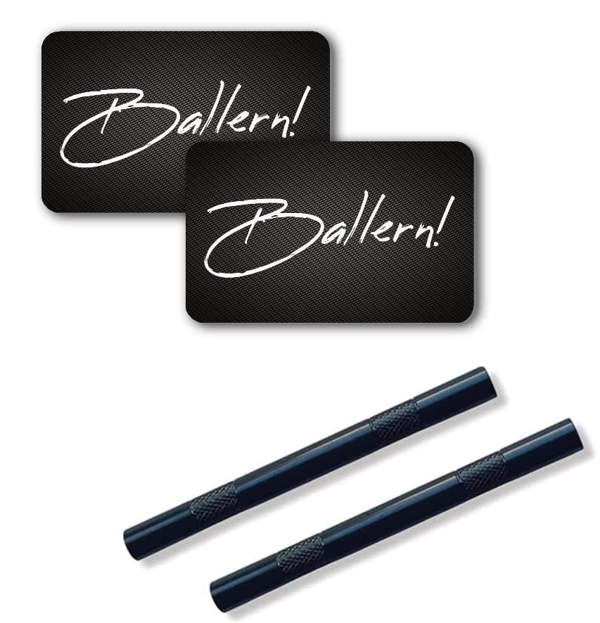 2 Alu Röhrchen in schwarz/geriffelt (80mm)mit 2x "BALLERN!" Karten Snuff Snorter Sniffer Snuffer für Schnupfset für Schnupftabak