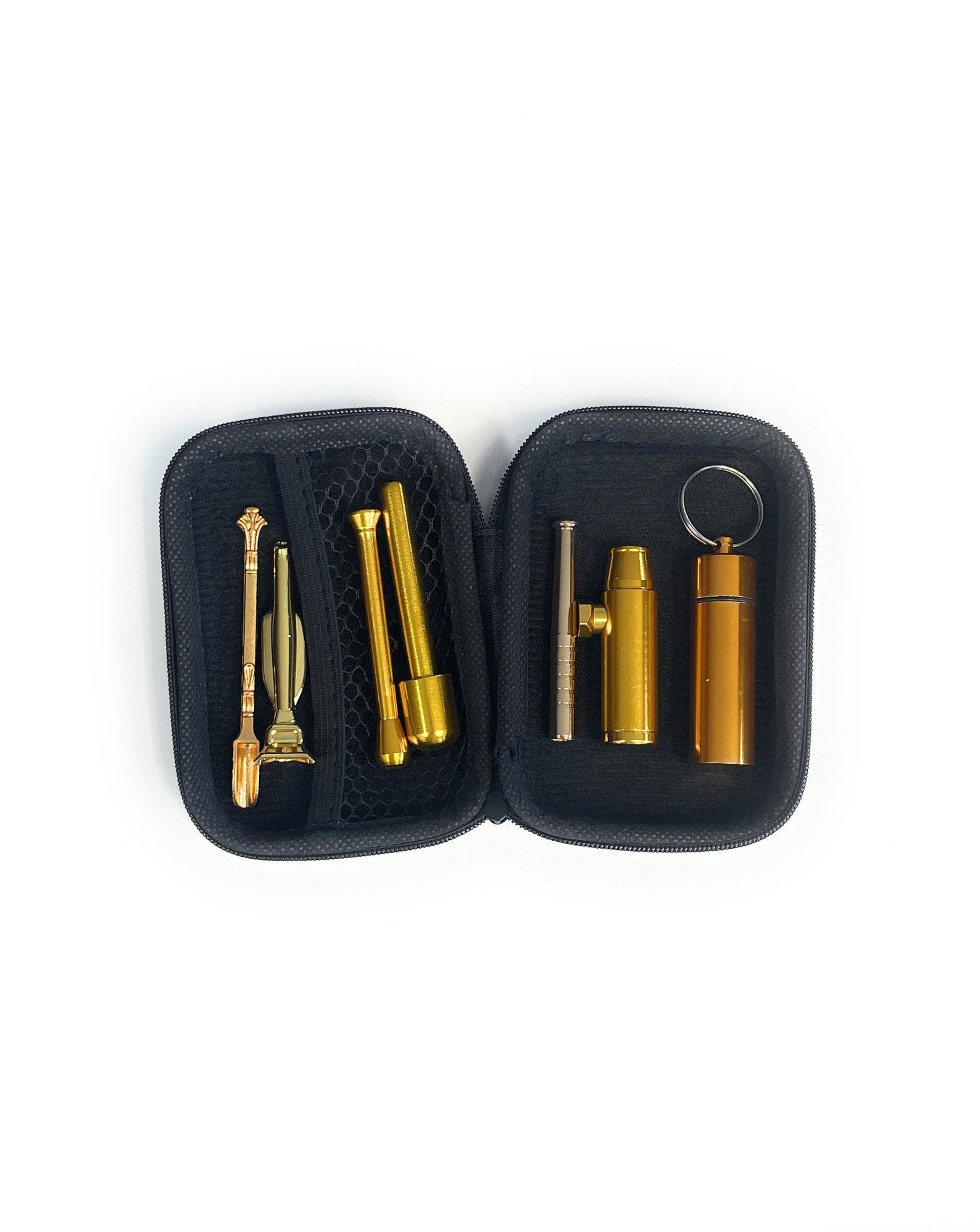 SET Golden Sniff Snuff Sniffer Snuff Dispenser Distributeur (tube, pilulier, cuillère, distributeur) dans un étui souple noir