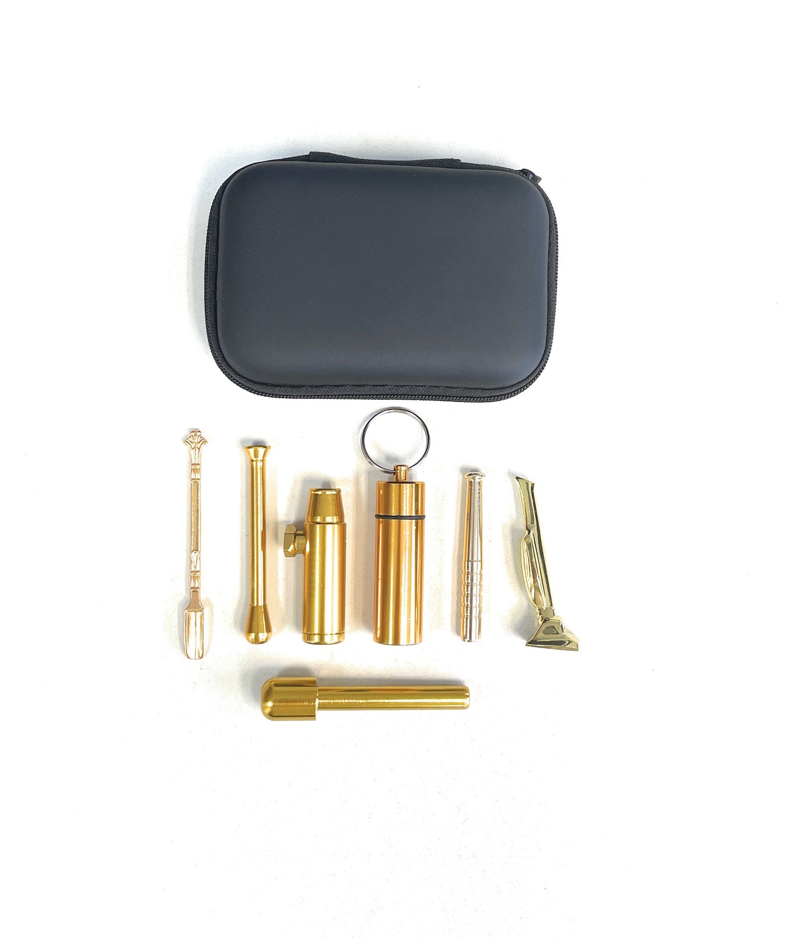 SET Golden Sniff Snuff Sniffer Snuff Dispenser Distributeur (tube, pilulier, cuillère, distributeur) dans un étui souple noir