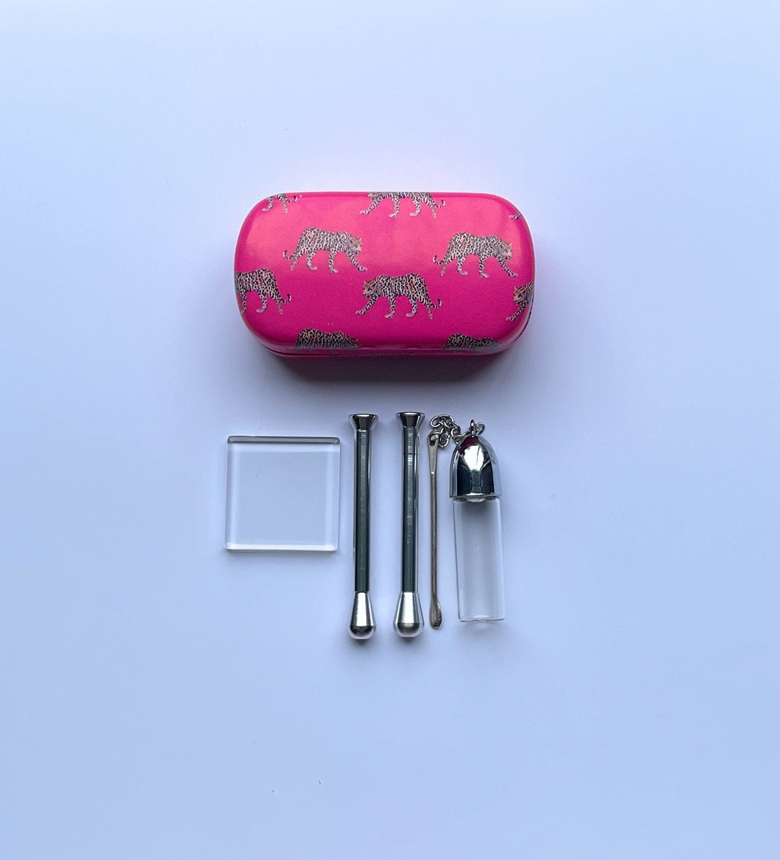 SET Pink Sniff Snuff Sniffer Snuff Dispenser Distributeurs (tube, mini plaque en verre, distributeur avec cuillère) dans un étui rigide