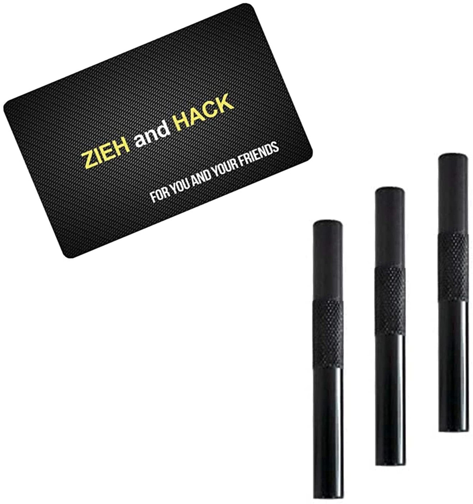 Röhrchen Set inkl. Zieh und Hack Karte - 3 Stück - aus Aluminum–Zieh - Röhrchen - Snuff - Snorter Dispenser – Länge 70mm Schwarz