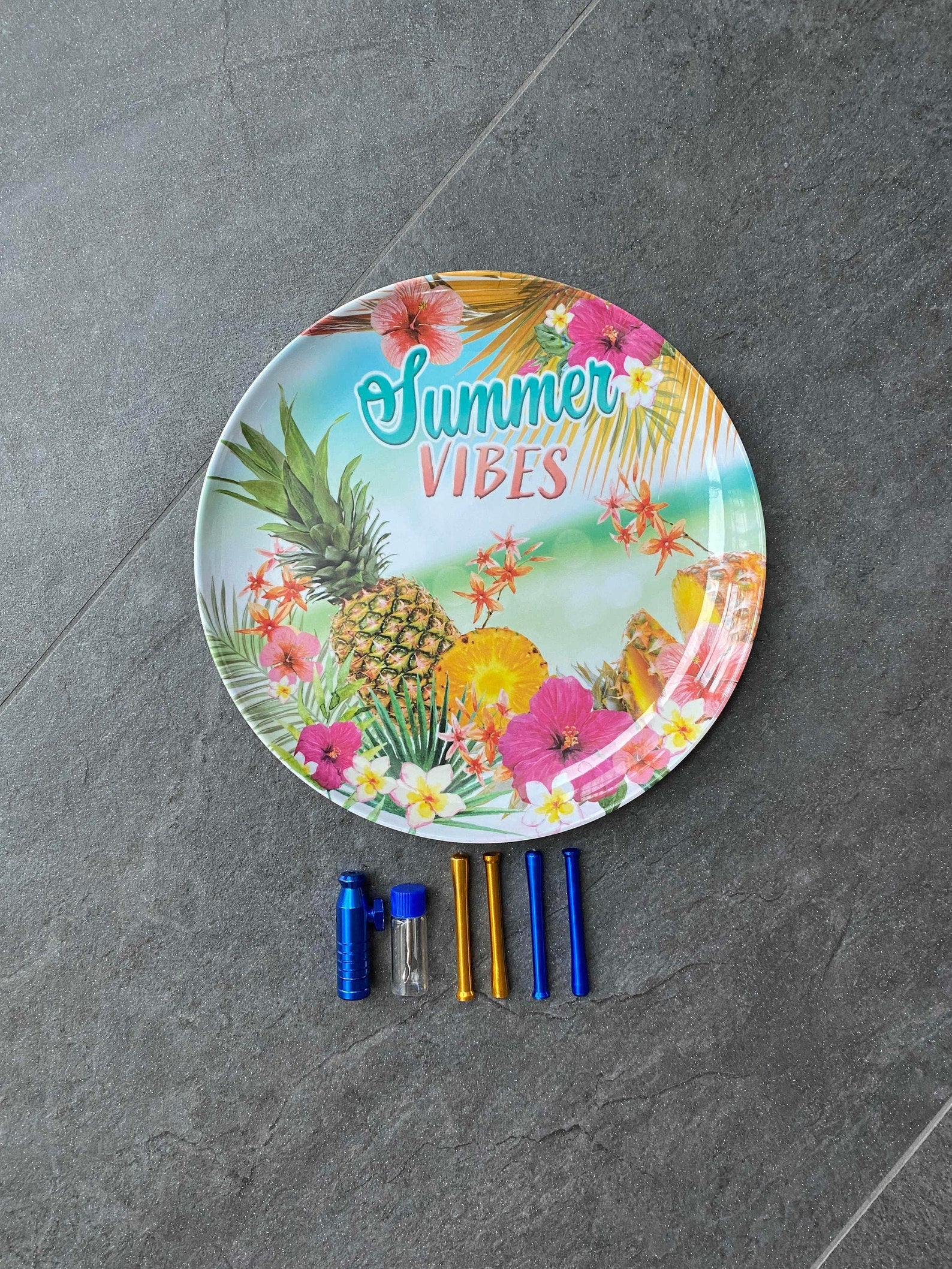 SET Summer Vibes 1x Melamin Brettchen inkl. Ziehröhrchen, Dosierer und Spender Straw Snuff Nasal Tube Tropical Blau Gold Ananas Tropical