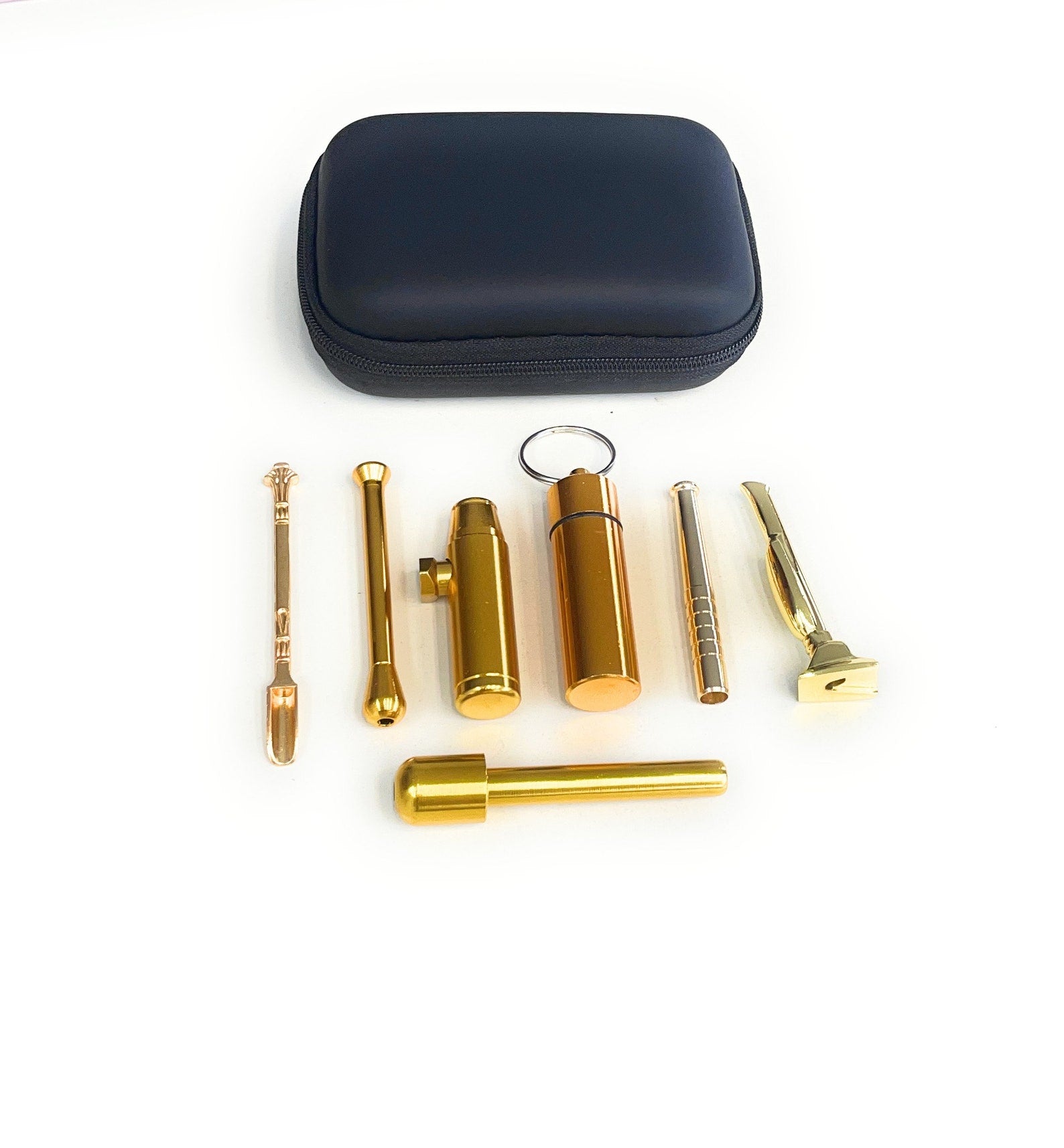 SET Golden Sniff Snuff Sniffer Snuff Dispenser Distributeur (tube, pilulier, cuillère, distributeur) dans un étui souple noir