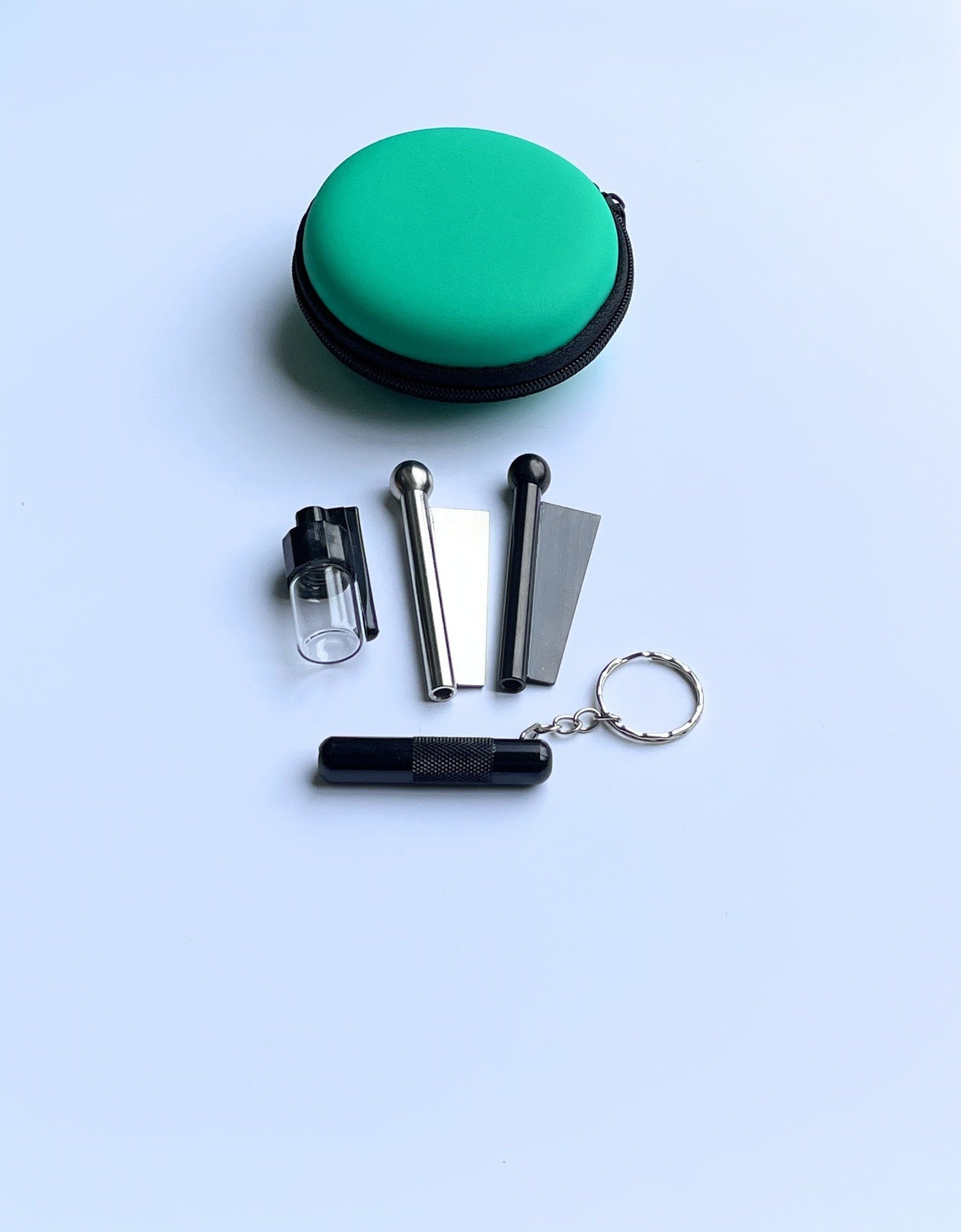 SET Grün-Türkis Sniff Snuff Sniffer Schnupf Spender Dispenser (Röhrchen, Spender mit Löffel, Pillenbox, Dosierer) in Soft Case Grün-Türkis