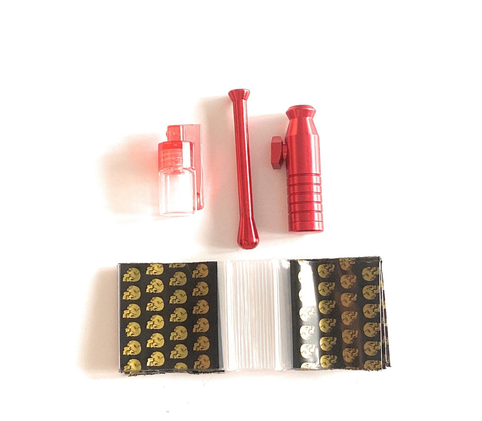 Set de tabac à priser avec étui rigide "Locker" avec distributeur en aluminium, distributeur avec cuillère, tube à dessin et sac avec clip étanche en rouge Sniff Snuff