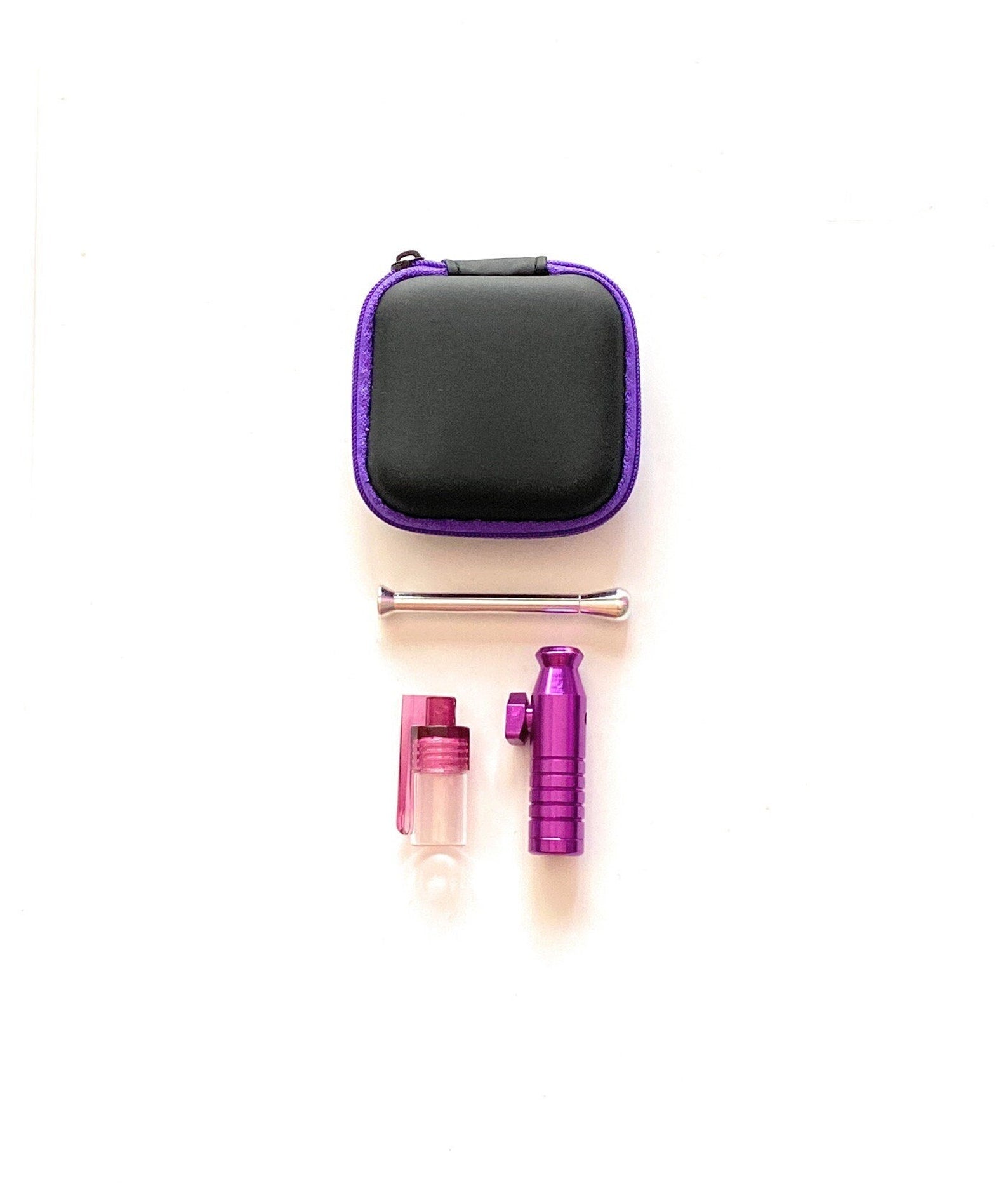 SET Purple Sniff Snuff Sniffer Snuff Dispenser Distributeur (tube, distributeur avec cuillère, distributeur) dans un étui souple noir - violet / rose