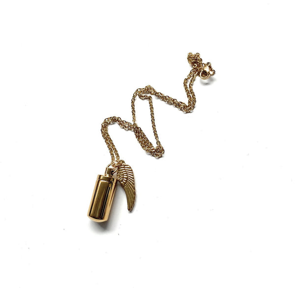 Halskette mit befüllbarer Kapsel und Flügel Anhänger in Gold (ca. 25cm)  Kette Zylinder Collier Anhänger zum schrauben aus Edelstahl