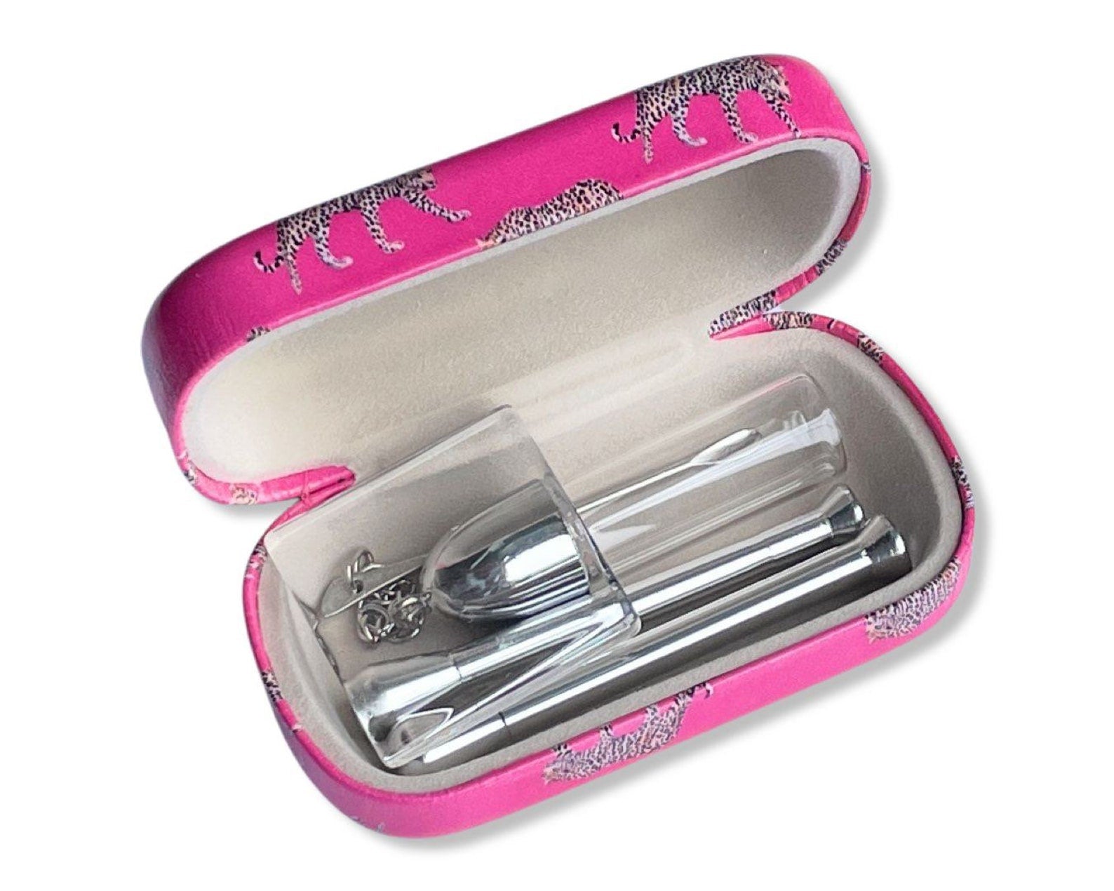 SET Pink Sniff Snuff Sniffer Snuff Dispenser Distributeurs (tube, mini plaque en verre, distributeur avec cuillère) dans un étui rigide