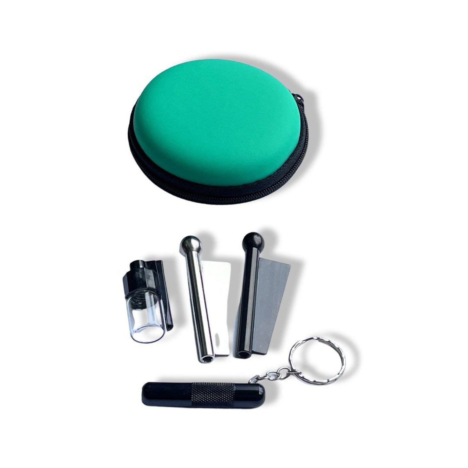 SET Grün-Türkis Sniff Snuff Sniffer Schnupf Spender Dispenser (Röhrchen, Spender mit Löffel, Pillenbox, Dosierer) in Soft Case Grün-Türkis