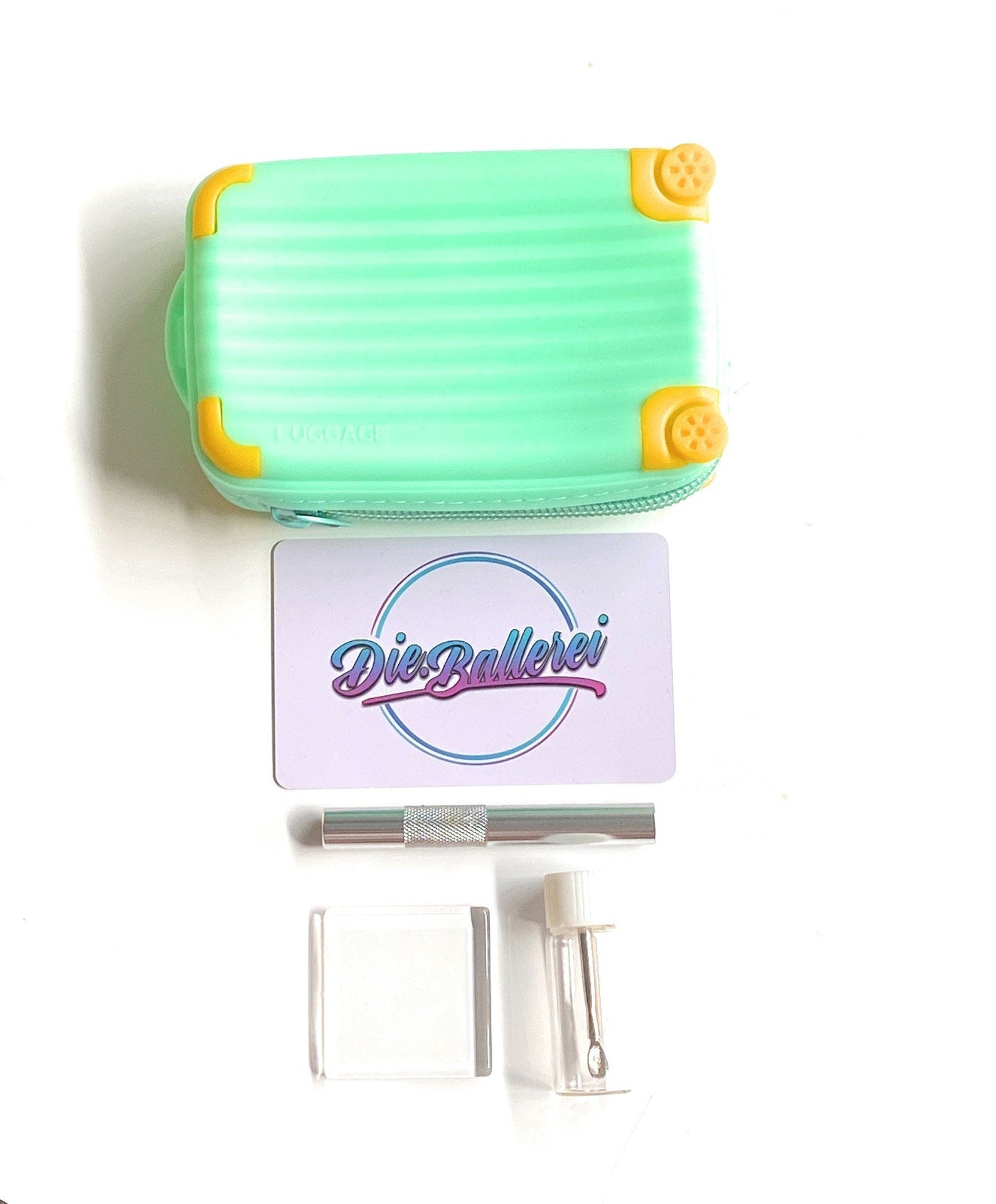 Étui en silicone souple Snuff Set "Valise" avec carte, distributeur avec cuillère, tube à dessin et mini plaque en verre Bagage Turquoise Funny Sniff Snuff