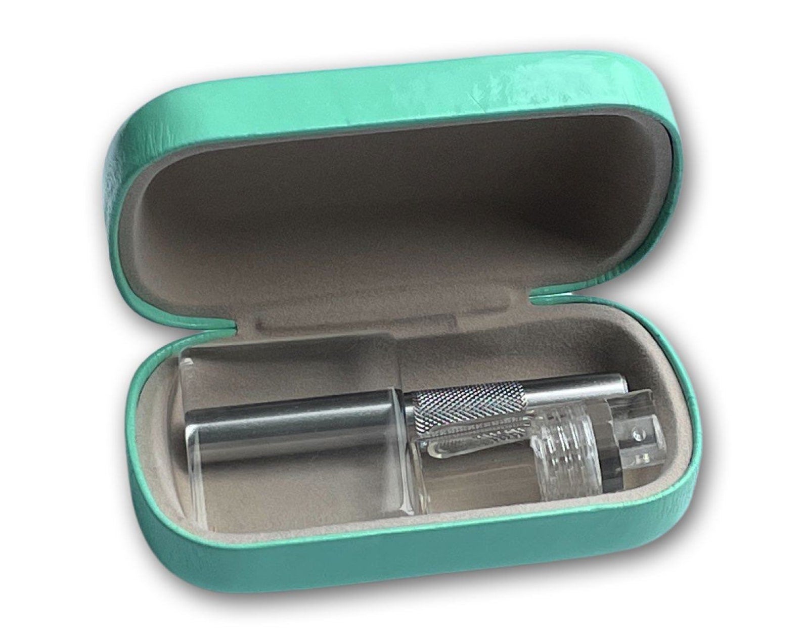 SET Turquoise/Argent Sniff Snuff Sniffer Snuff Distributeur Distributeurs (tube, mini plaque en verre, distributeur avec cuillère) dans un étui rigide