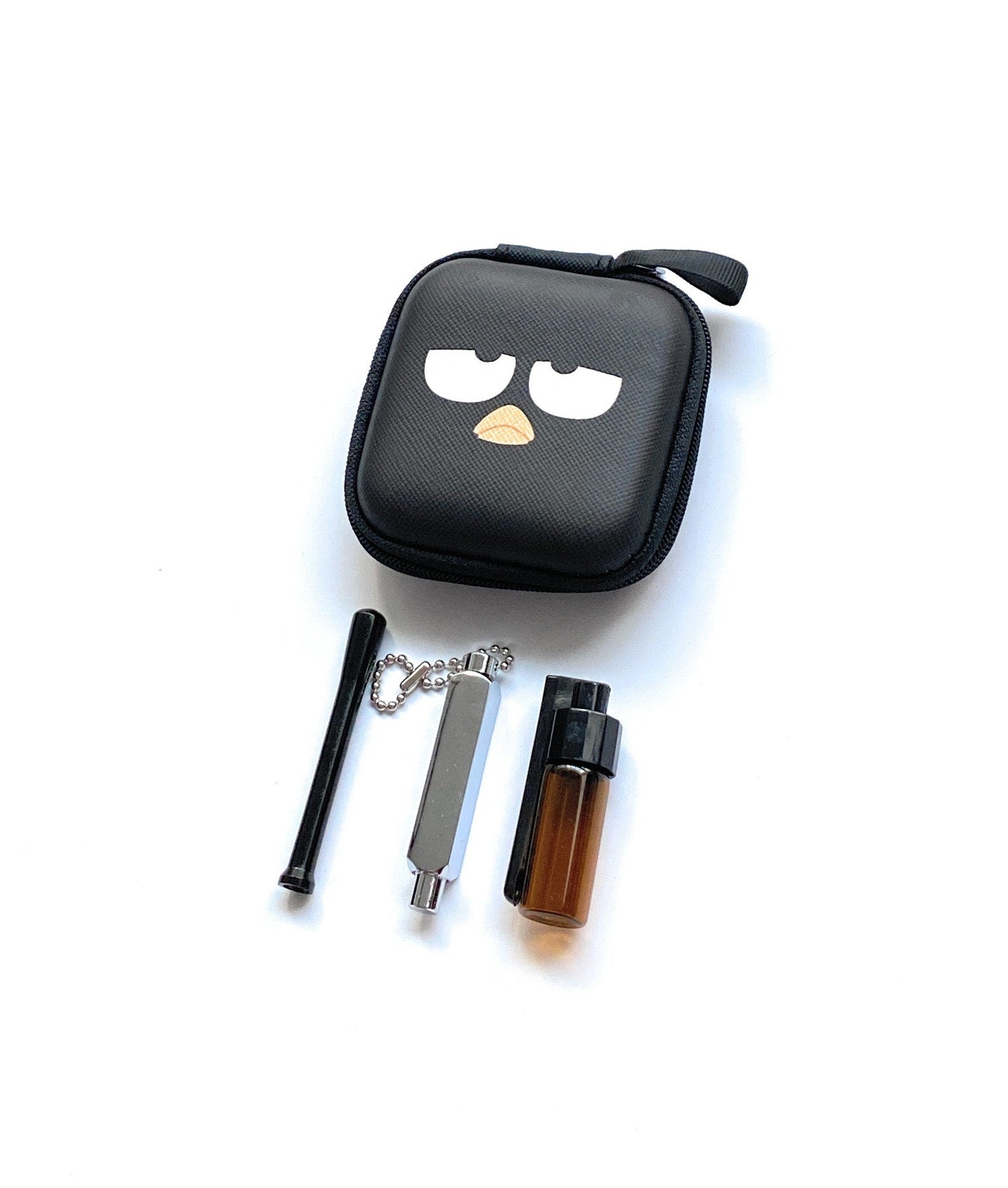 SET Bird Sniff Snuff Sniffer Snuff Distributeur Distributeur (tube, distributeur, porte-clés) dans un étui souple avec un imprimé amusant