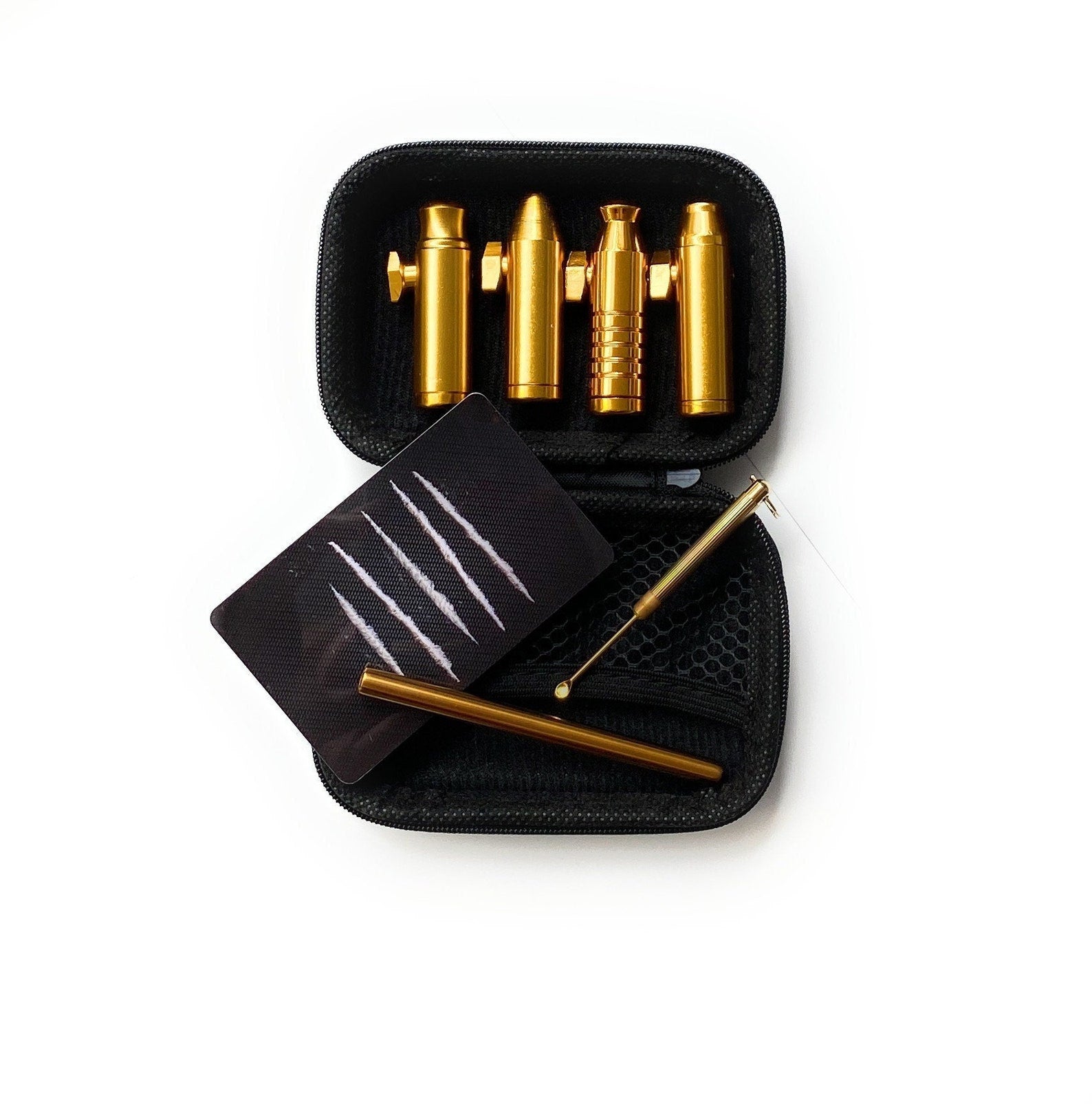 SET Golden 2 Sniff Snuff Sniffer Snuff Distributeur Distributeur (Tubes, Lignes de Cartes Hack, Cuillère, Distributeur) dans un Étui Souple Carbone Élégant Chic