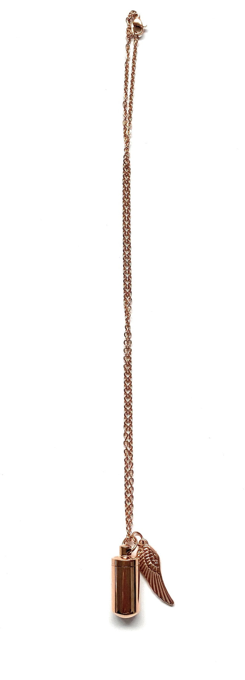 Halskette mit befüllbarer Kapsel und Flügel Anhänger (ca. 25cm) Kette Zylinder Collier Anhänger zum schrauben aus Edelstahl in Rose Gold