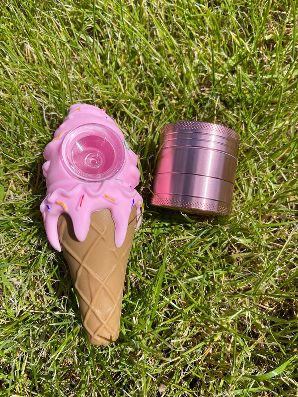 Smoking Set „Pink“ Pipe und Grinder Ice Cream Pipes Silikon-Rauchzubehör pink rosa Eiscreme Pfeife Ice Cone 4 Teile Aluminum Grinder