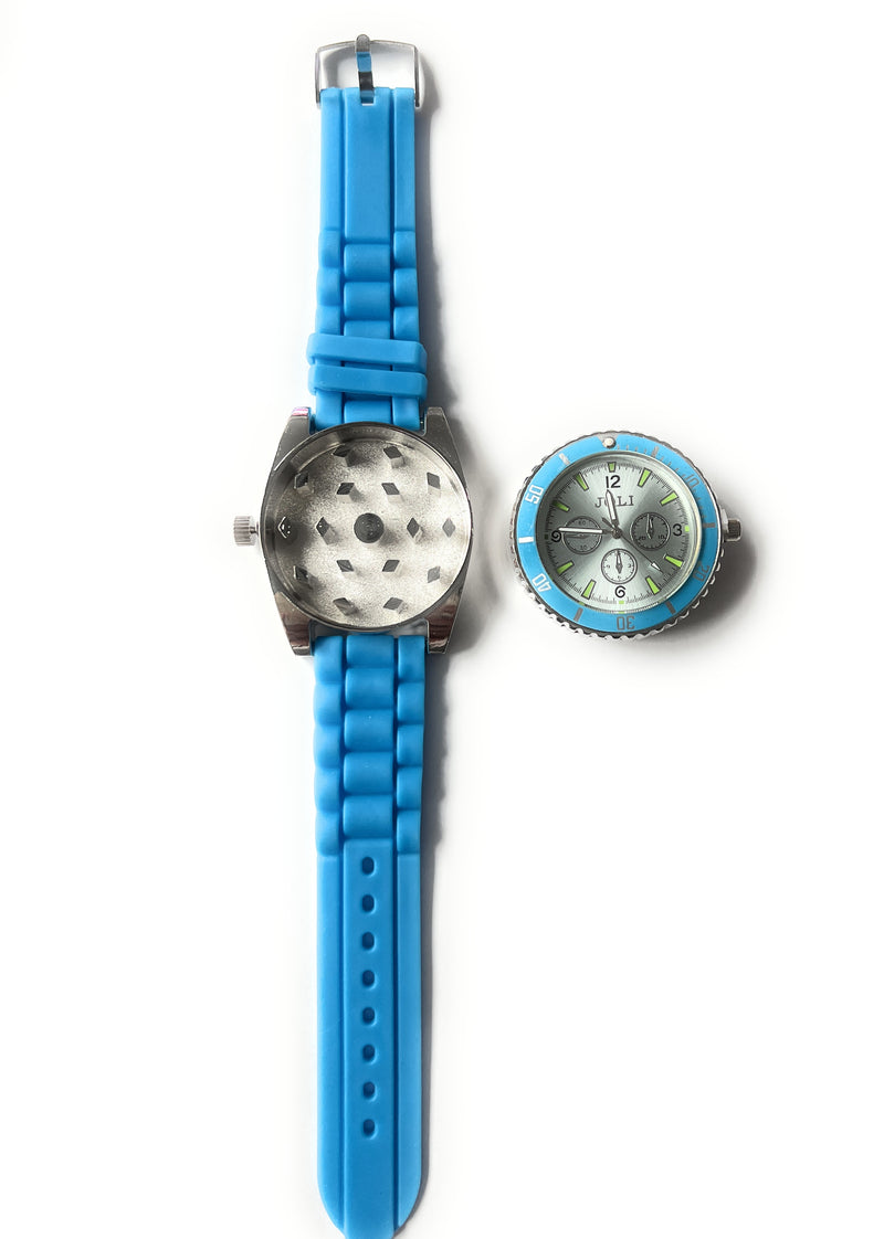 Broyeur au look montre-bracelet (40 mm) entièrement fonctionnel en aluminium/silicone moulin à fumer désherbeur montre à herbes cachette montre bleu